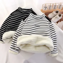 Boys Thick Stripes Sweatshirt Autumn Winter Girls Padded Plus Velvet Warm Pullover Big Kids Clothing Children Sportswear Coats