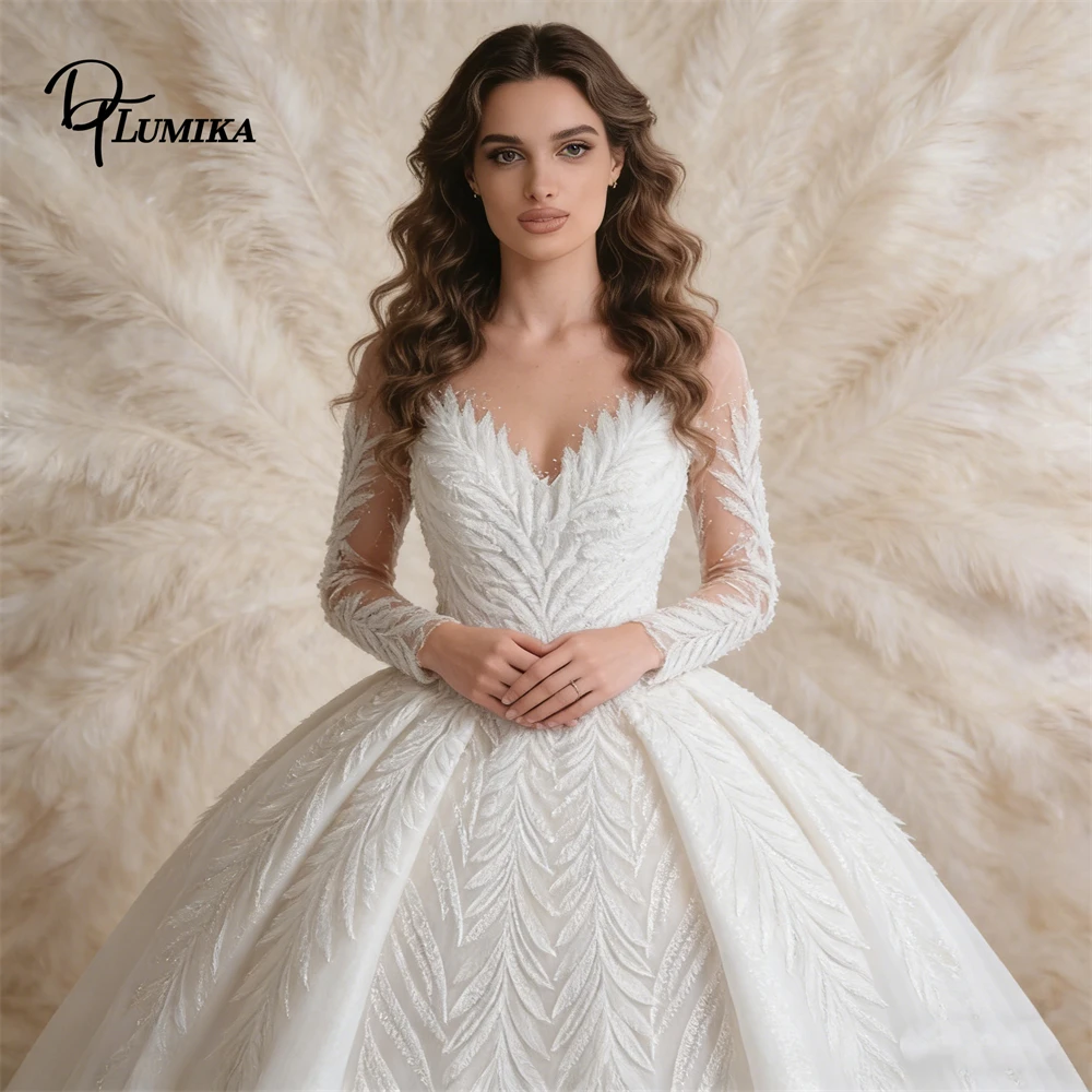 Long Sheer Sleeve Wedding Dress Feather Embroidery Ball Gown Sweetheart Neck Bridal Gown Cathedral Train Formal Wedding Dress