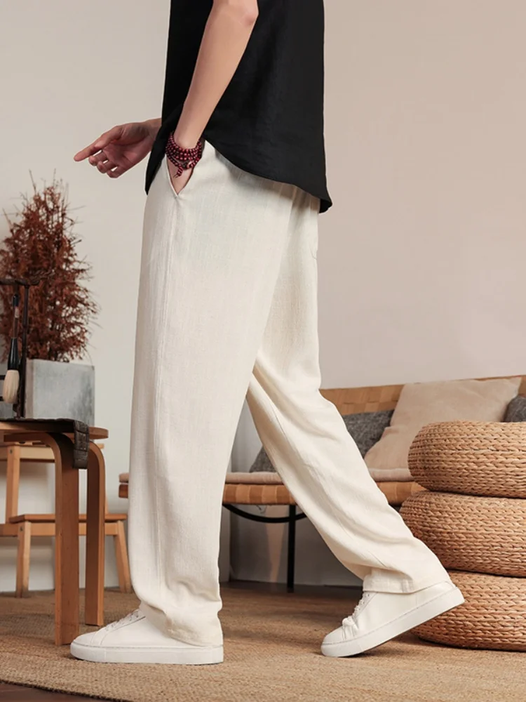 

Летние тонкие хлопковые льняные брюки с широкими штанинами, мужские свободные брюки прямого кроя, драпированные, повседневные, в стиле ретро, модные, дышащие, длинные брюки