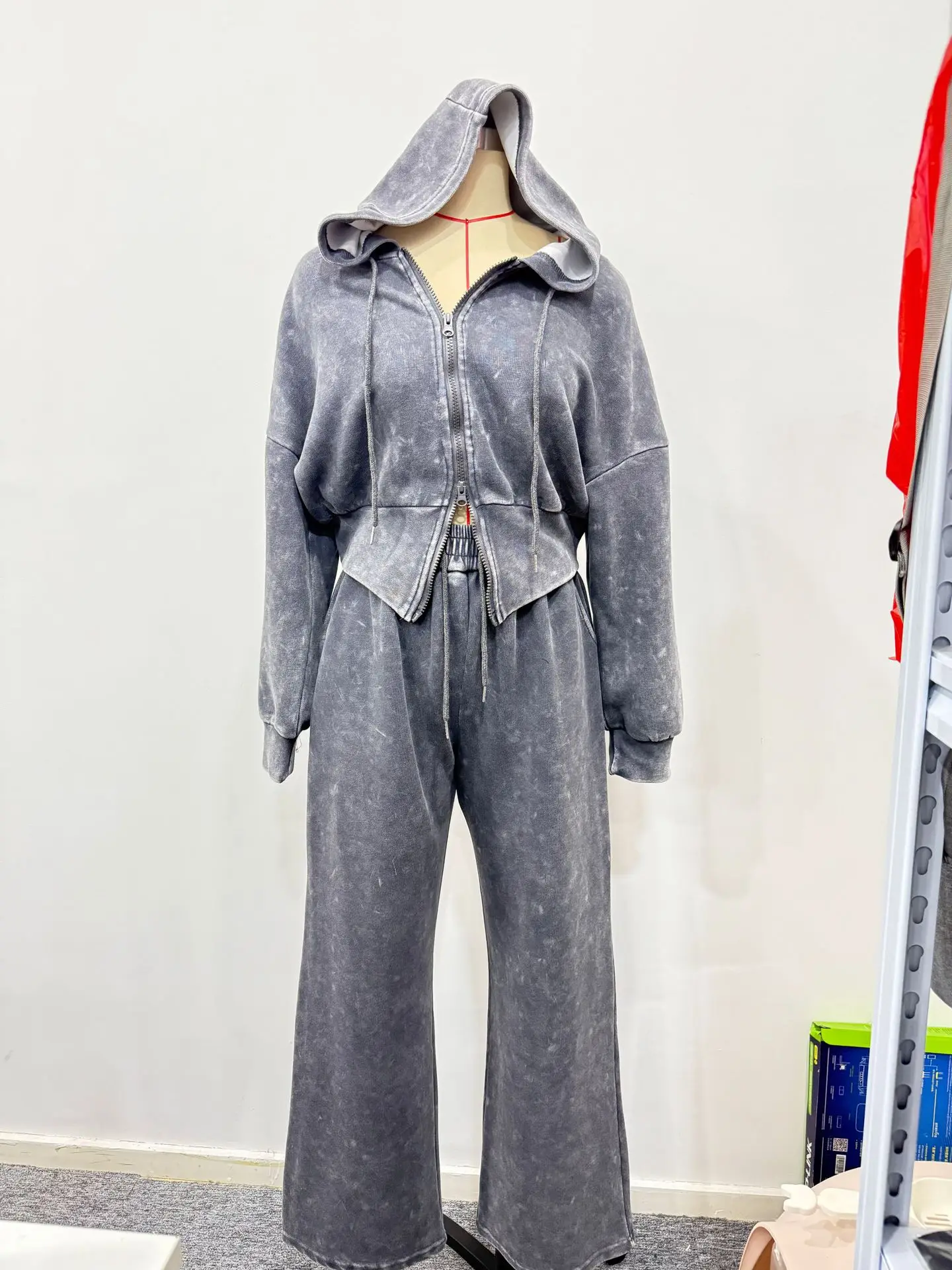 2025 مجموعة هوديي مغسولة محفورة المرأة سحاب أكمام طويلة هوديي أنبوب مستقيم عالية الخصر سراويل تقليدية