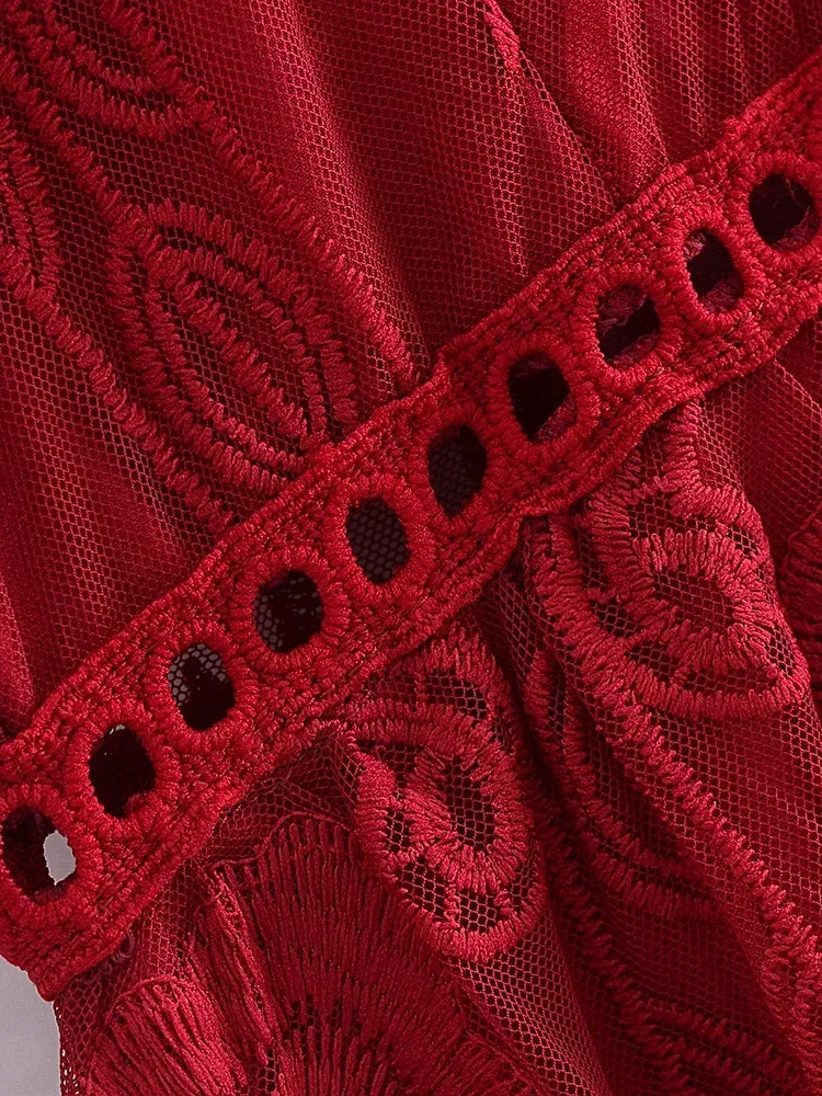 Vintage Chic Women Red Lace Short Sleeve Split Summer Beach Sexy Bohemian Maxi Dress Ladies Casual Boho Wedding Dresses Vestidos