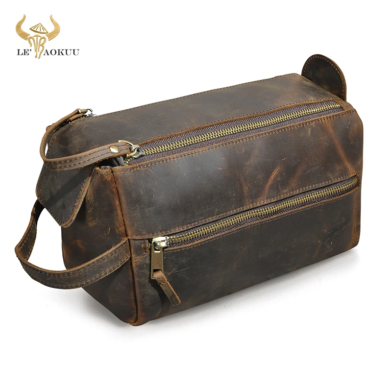 

Retro Genuine Crazy Horse Leather Handmade Travel Washroom Toiletry Bag for Men - Dopp Kit - Shaving Kit 771