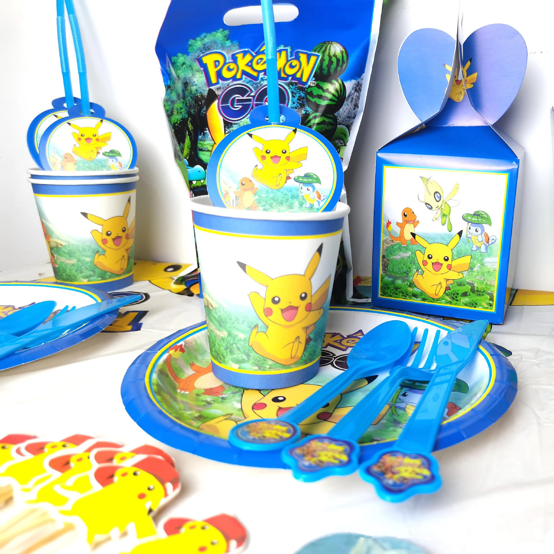 Pokemon Verjaardagslevering Cups Platen Servet Banner Kids 1 2 3 Jaar Oude Pikachu Ballonnen Verjaardagsfeestje Baby Shower Decoraties