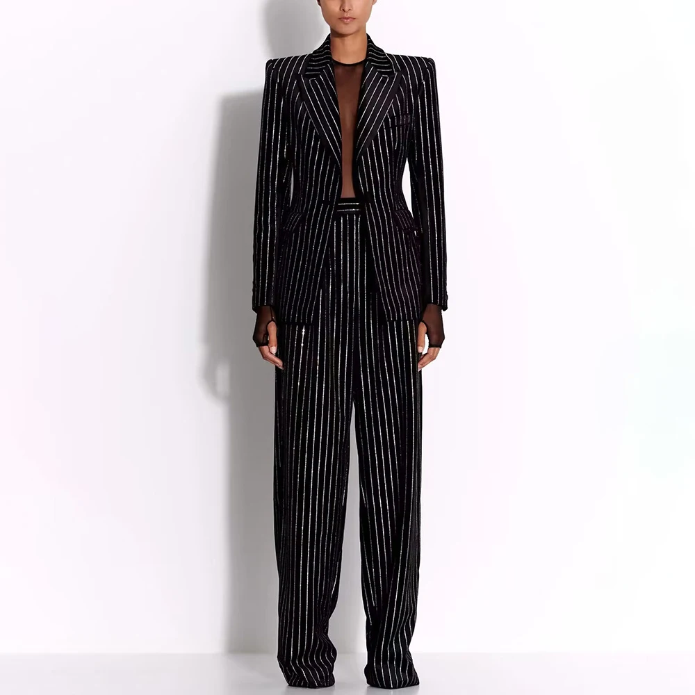 TWOTWINSTYLE Striped Elegant Two Piece Set For Women Notched Collar Blazer High Waist Wide Leg Pant Loose Sets Female Fashion