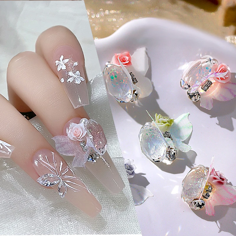 Ice Transparent Glitter Nail Rhinestones Pile Drill Handmade Colorful Pink Rose Charms Nails Accessories Manicure