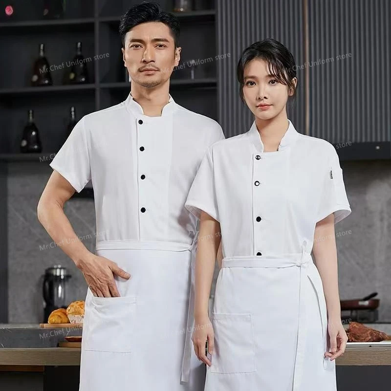 زي طاهٍ للمطاعم بأكمام قصيرة للرجال، جاكيت شبكي قابل للتنفس مع مريلة، معطف طاهٍ للمطبخ، شعار ملابس العمل للنساء باللون الأسود