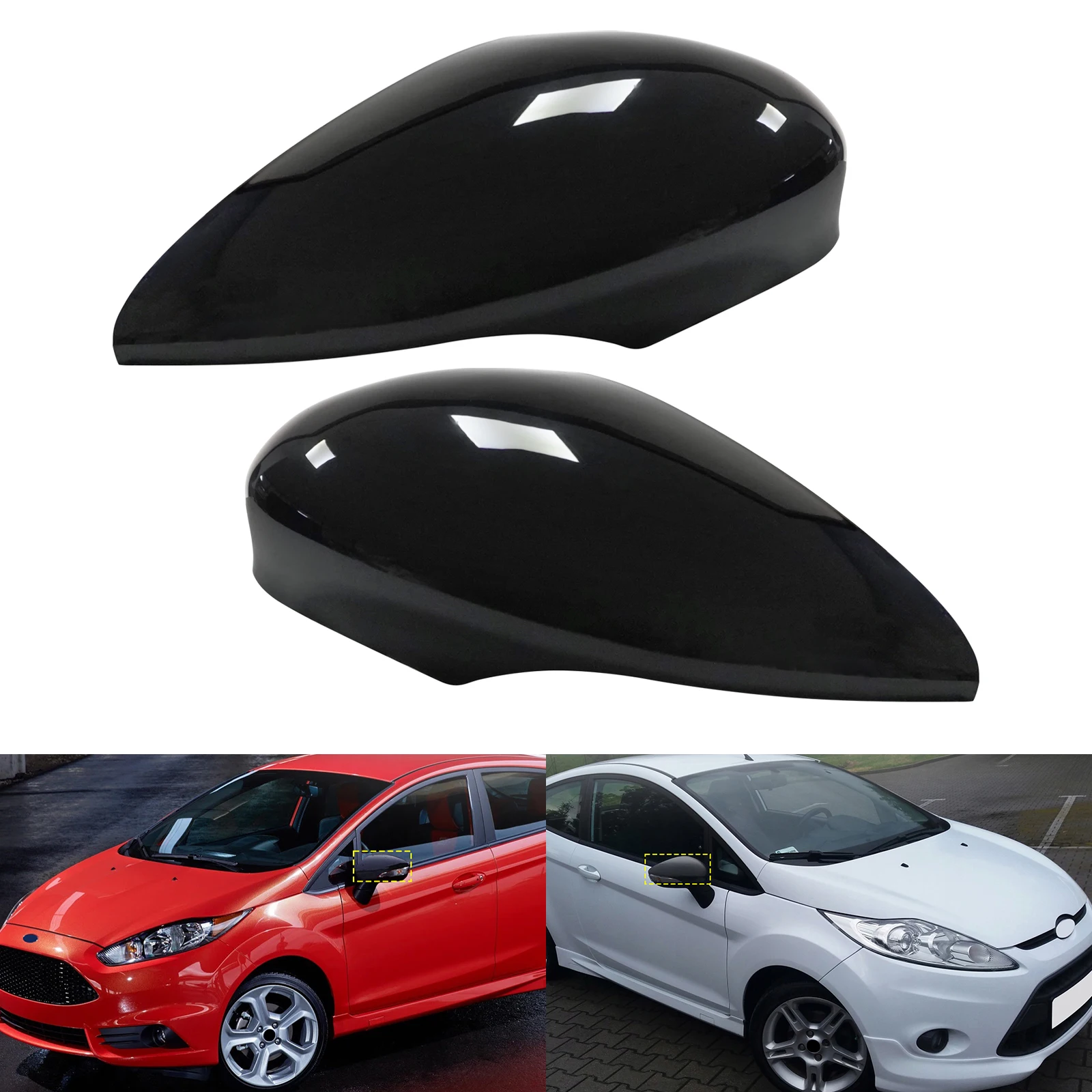 Für Ford Fiesta MK7 Schrägheck 08–17 L+R Türflügelspiegel-Abdeckkappen, glänzend schwarz