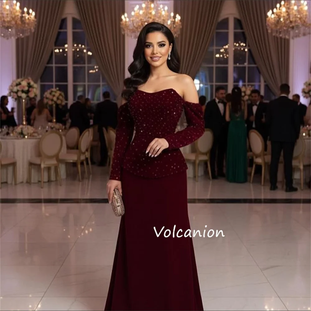 Sukienki na zamówienie w stylu chińskim, welurowe, z perłowymi plisami, syreni krój, odkryte ramiona, długie, na specjalne okazje, quinceañera, proste.