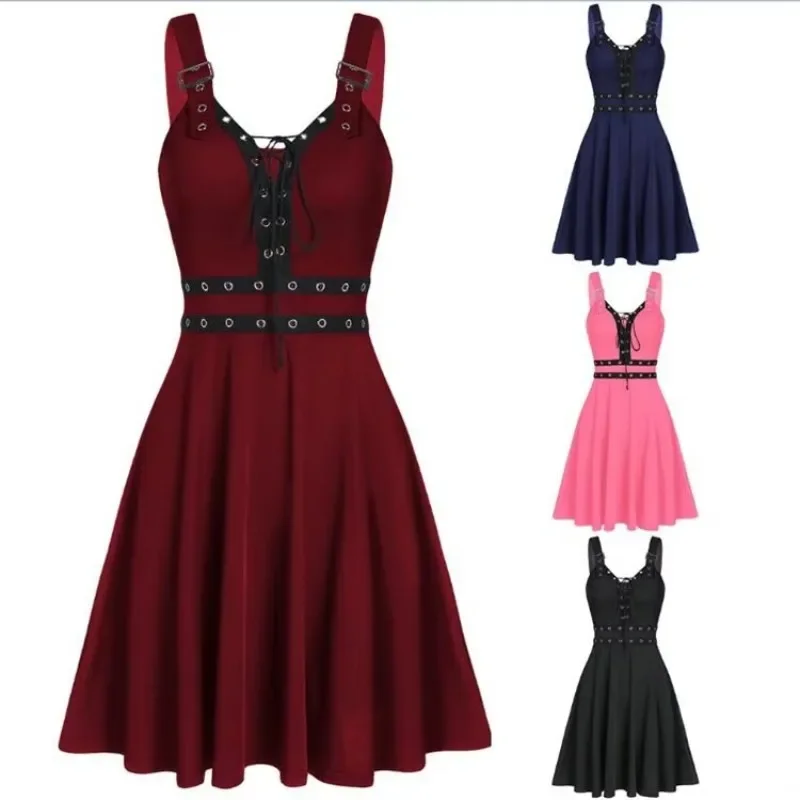

Black High Waisted Party Dress For Women Gothic A Line Sleeveless Backless Dresses Vestidos Costume Carnival Witch Cosplay