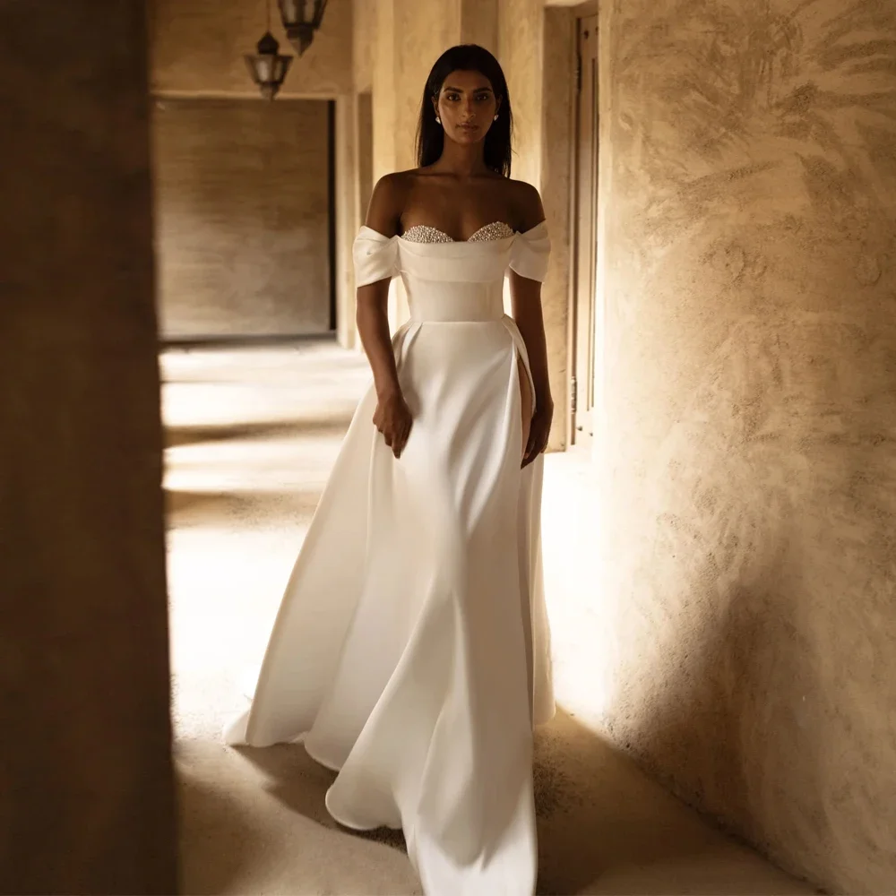 Elegant Dropped Strap Wedding Dresses A-Line Off The Shoulder Pearls Bridal Growns High Side Slit Vestidos De Novia Customized