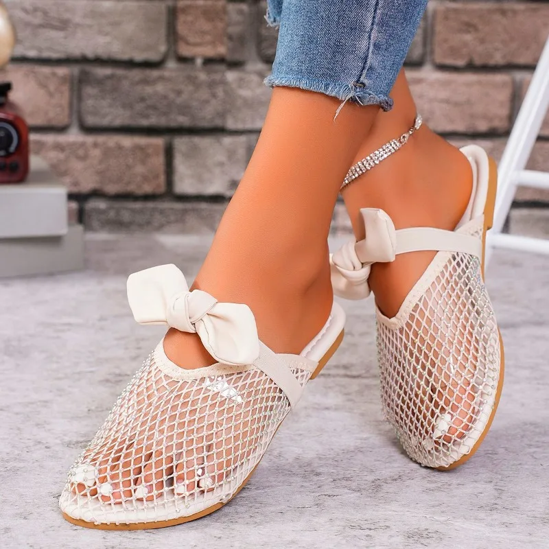 Ladies Shoes on Sale 2024 Brand Women\'s Slippers Summer Closed Toe Solid Net Cloth Butterfly-knot Square Heels Casual Slippers