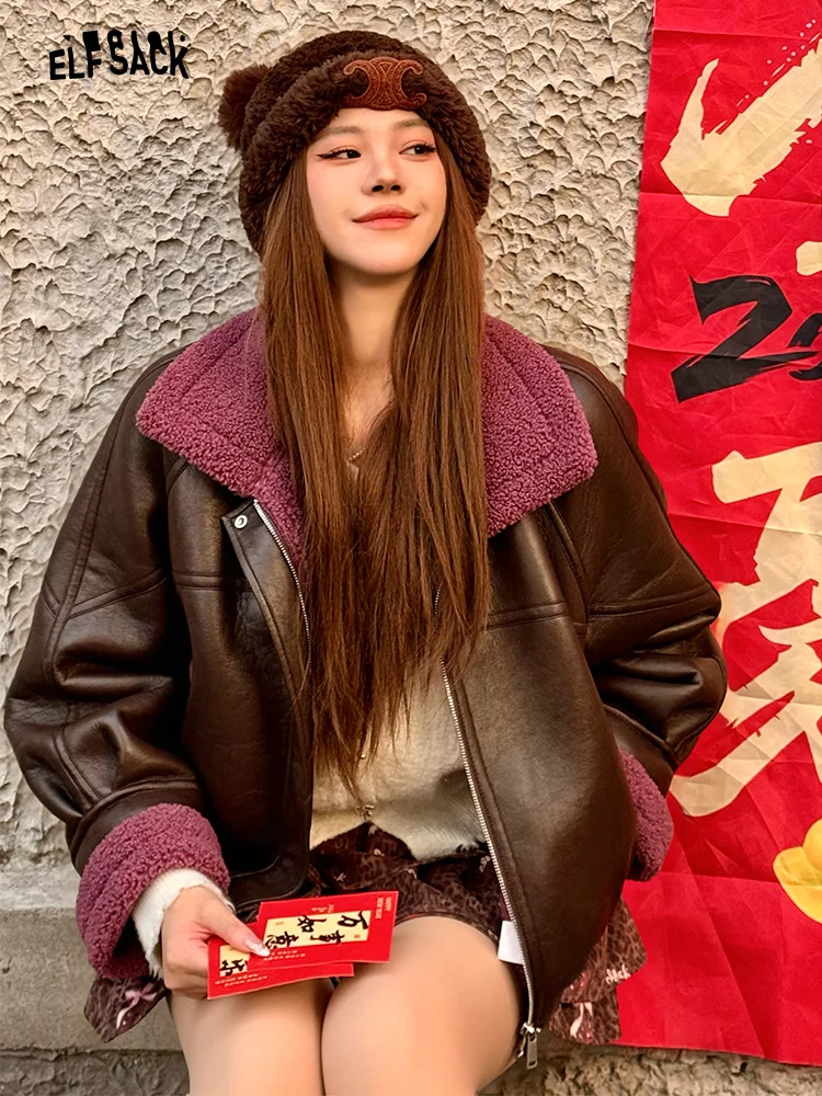 Elfsa レディース フェイクファー ジャケット ブラウニー スレ ウィンター コート インテイテッド レザー アンド ファー アウター カジュアル フリップカラー ジッパー