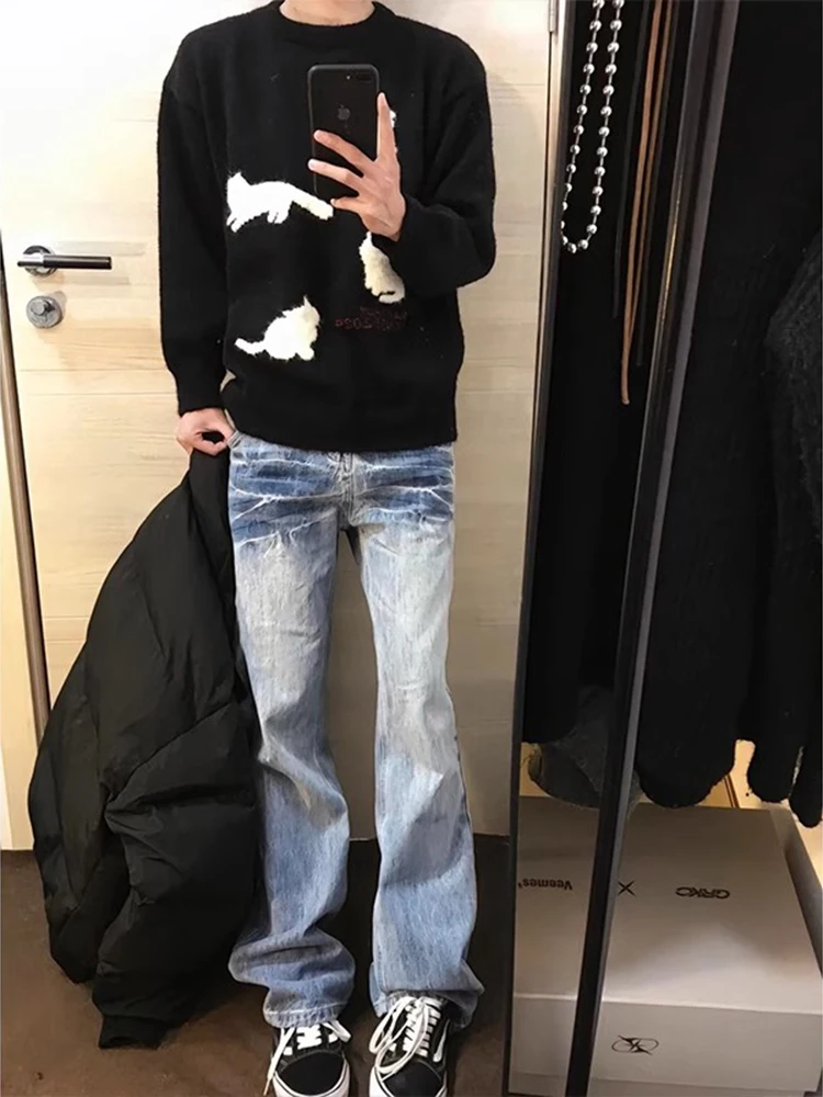 

Cleanfit Blue Lightning Pattern American High Street Cool Straight Leg Jeans Men's Fashionable Cuffed Pants Youth Trendy Denim