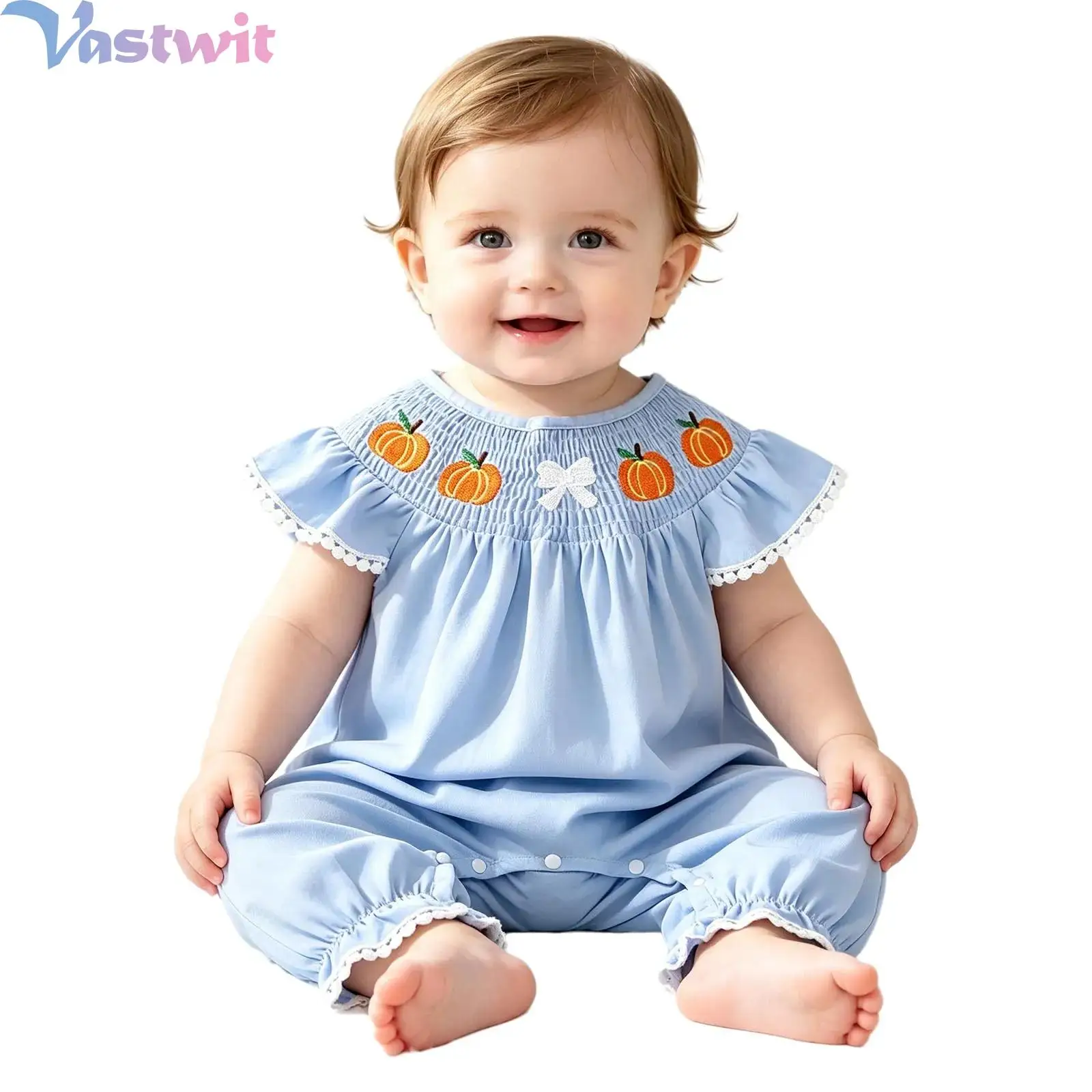 Baby Girls Pumpkin-embroidered Smocked Romper Ruffled Sleeves Lace Trim Press Button Crotch Jumpsuit for Halloween Daily Life