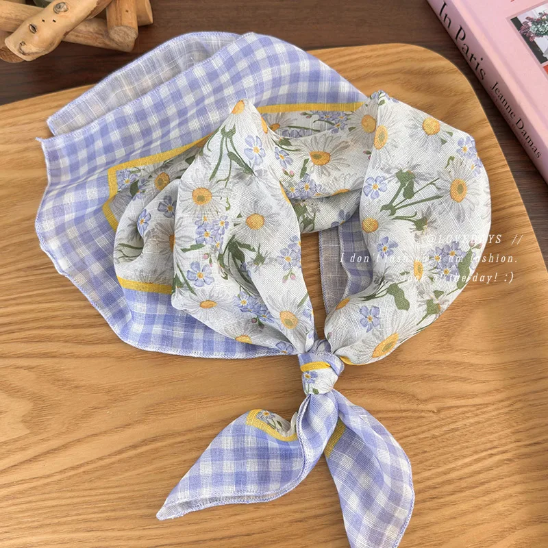 

Lightweight Cottagecore Blue Plaid Floral Triangle Head Scarf Women Versatile Outdoor Hair Wrap Bandana Spring Summer Non Slip