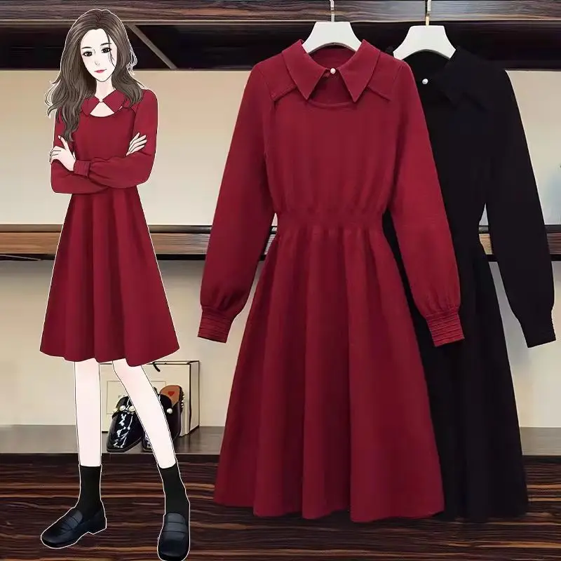 

plus Size Autumn Knitted Dr Women's Base Layer Belly Cover Slimming Agel Korean Sle High Waist A-Line Skirt Dr