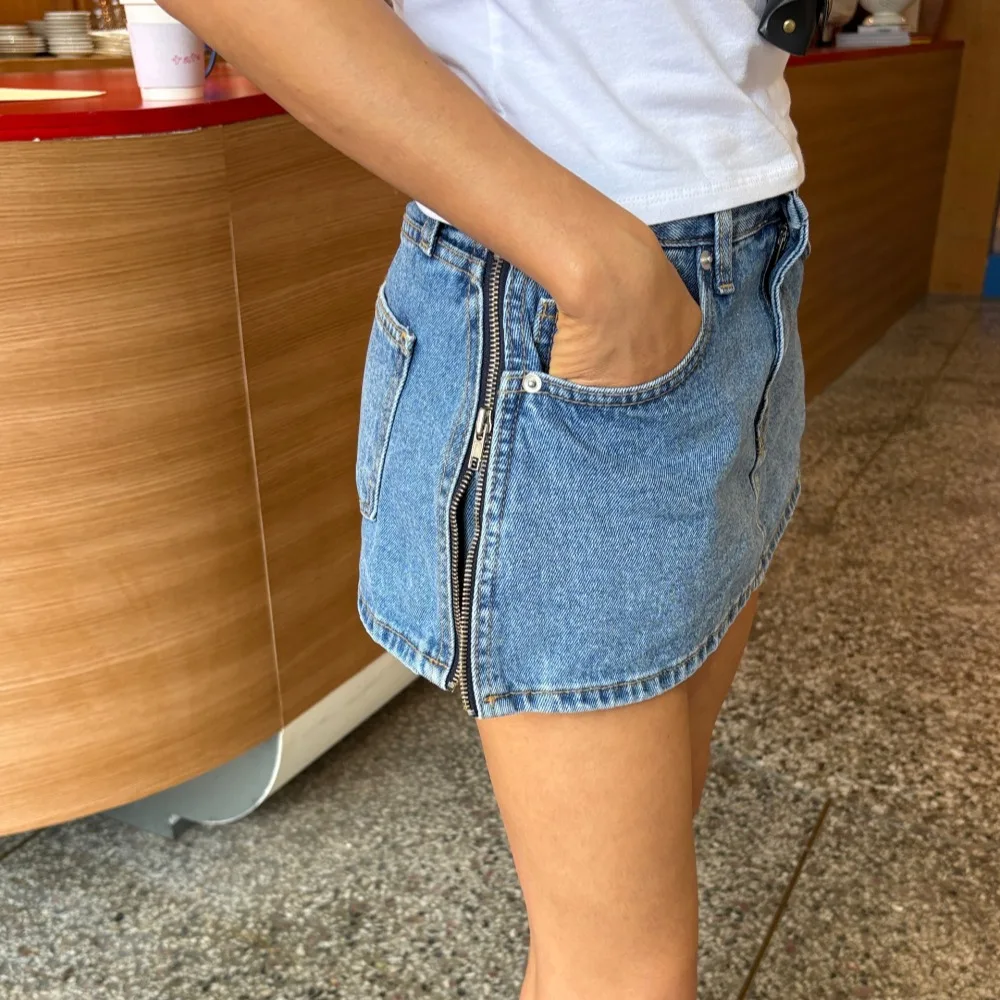Nimo Home Stylish Side Zipper Versatile Denim  Skirt A-Line Midi Skirt Cotton Material Spring Season Fashionable