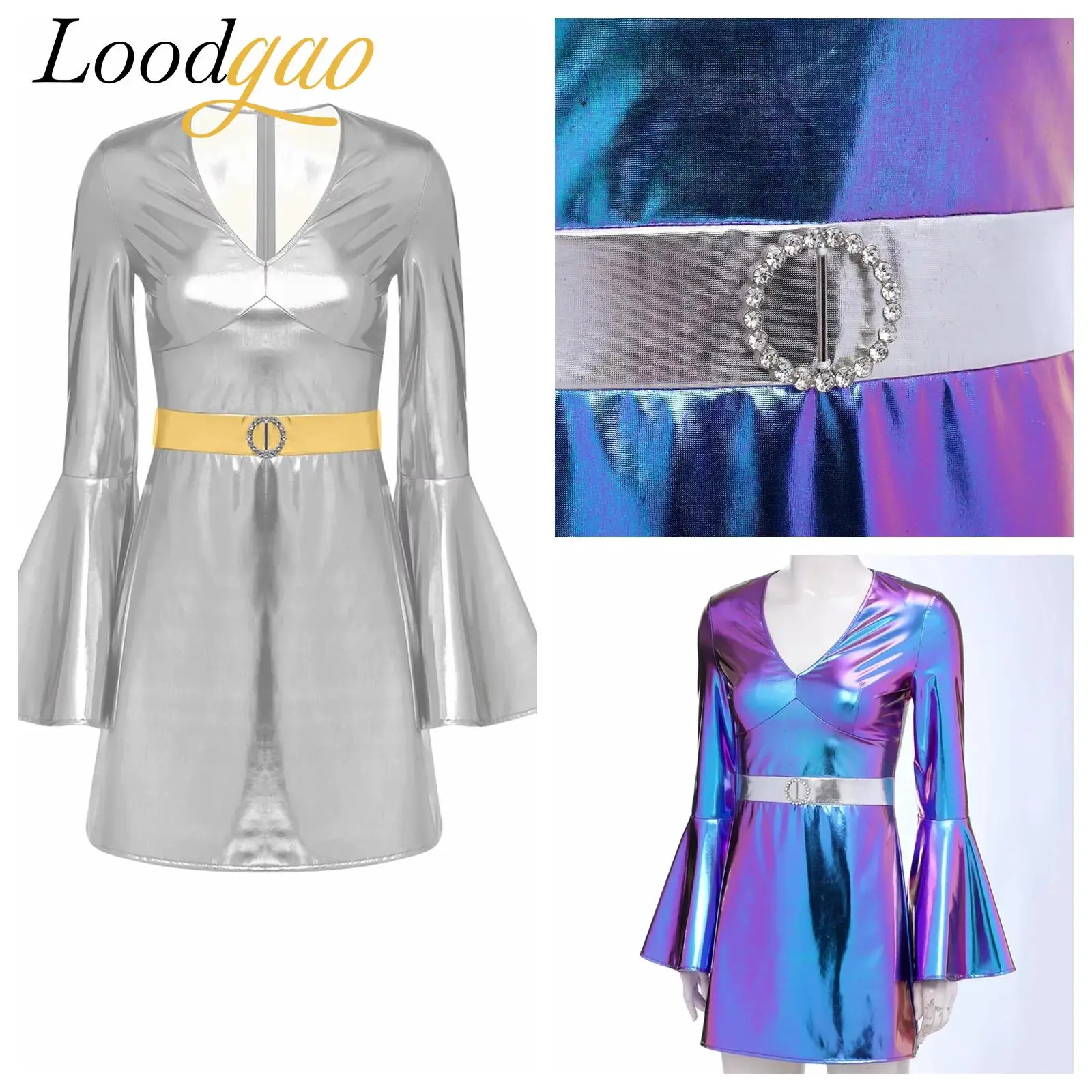 

Women Hippie 70s Disco Costume Bodycon Dress Flared Sleeve Metallic Dance Shiny Dresses for Club Party Halloween Dress Dancewear