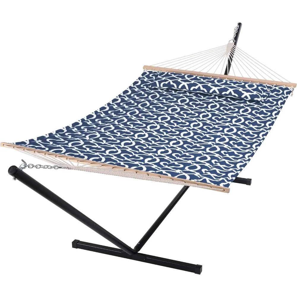 

Two Person Hammock with Stand,475 lbs Capacity,Portable Patio Hammock with Hardwood Spreader Bar, Large Soft Pillow,Blue Pattern