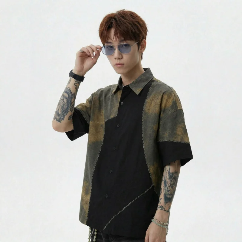 

Ретро-рубашка с коротким рукавом, дизайн с цветовыми блоками, молодежный стиль, дышащая ткань из смеси хлопка и полиэстера, повседневная модная мужская одежда