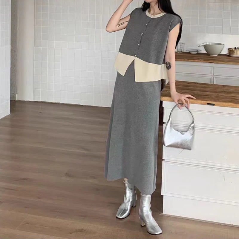 HELIAR Women Elegant Office Two Piece Sets Buttons Up Sleeveless Tops and Elastic High Waist Split Skirts Outfits Knitted Suit