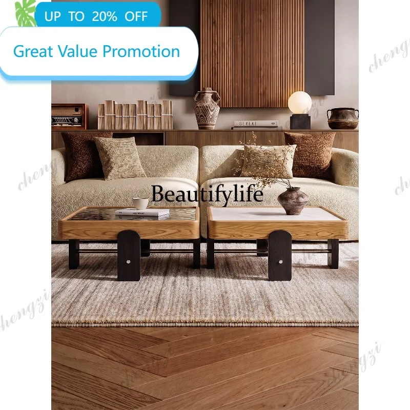 CC178 Medieval Modular Combination Coffee Table Natural Marble Countertop Square Solid Wood Living Room Coffee Table