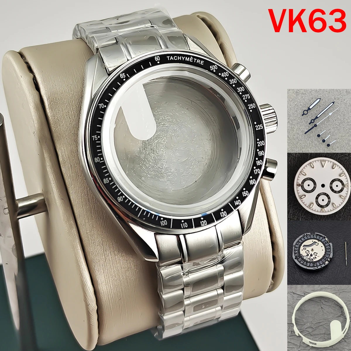 40mm VK63 Silver Watch Case Black Silver Insert With Coated Glass For VK63 Quartz Chronograph Movement Steel Bracelet Retaining