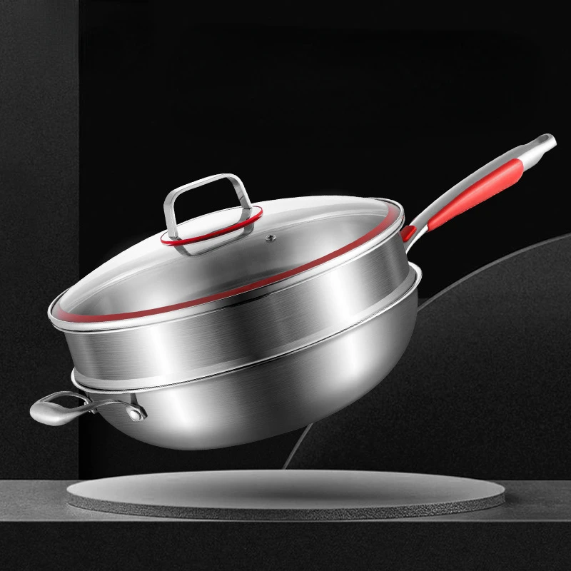 

304/316 Stainless steel double layer frying pan Non stick no oil smoke no coating pot cookware wok kitchen