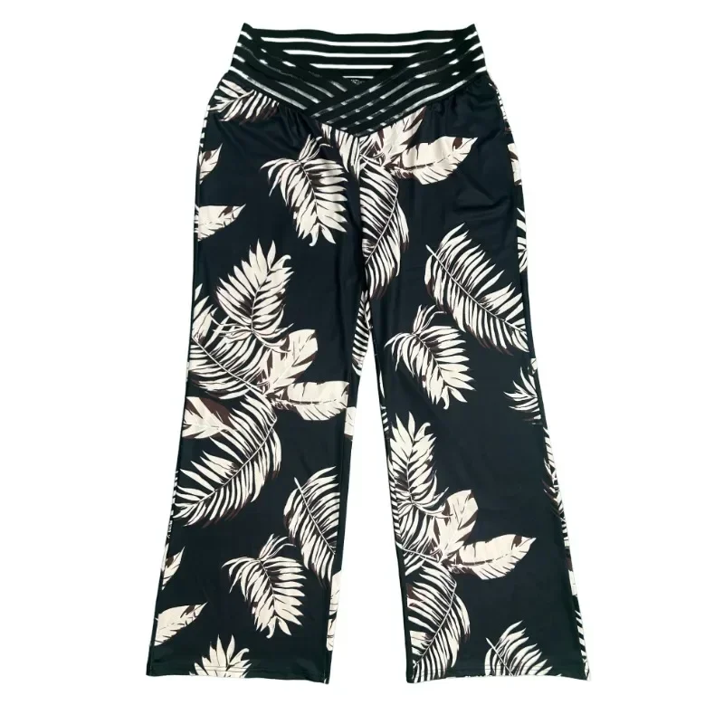 Plus Size Women High Waist Long Trousers Casual Fashion Criss Cross Pants Ladies Leaf Print Loose  Wide Leg Pants