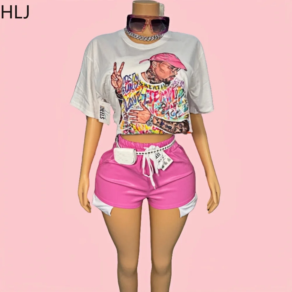 

HLJ Y2K Retro Avatar Pattern Printing Two Piece Sets Women O Neck cotton Loose Tshirts And Drawstring Leather Shorts Streetwear