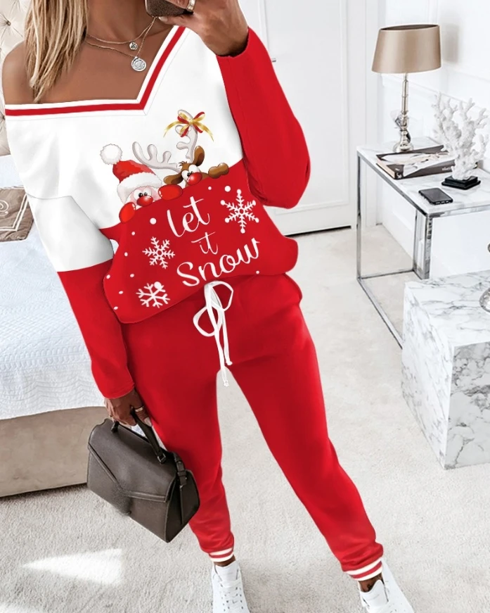 Spodnie damskie 2-częściowy świąteczny strój z kreskówki Santa Slaus Reindeer Let It Snow Print Długi rękaw Top Stretchy Waist Tracksuit Set