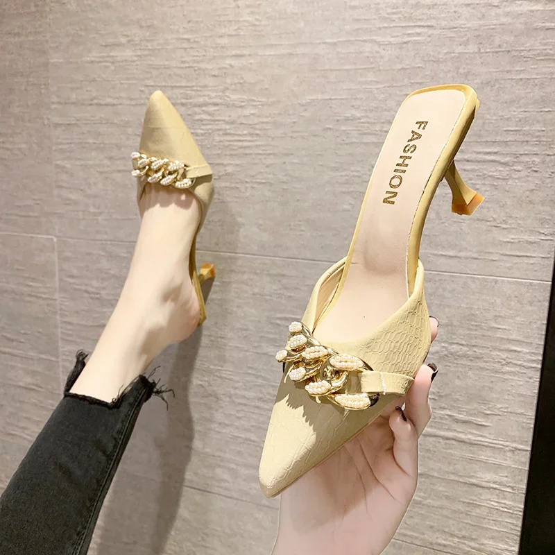 2024 New Snake Print Woman Pumps Slipper Fashion Gold Chain Sandal Shoes Ladies Pointed Toe Slip on Mules Thin Low Heels Slides