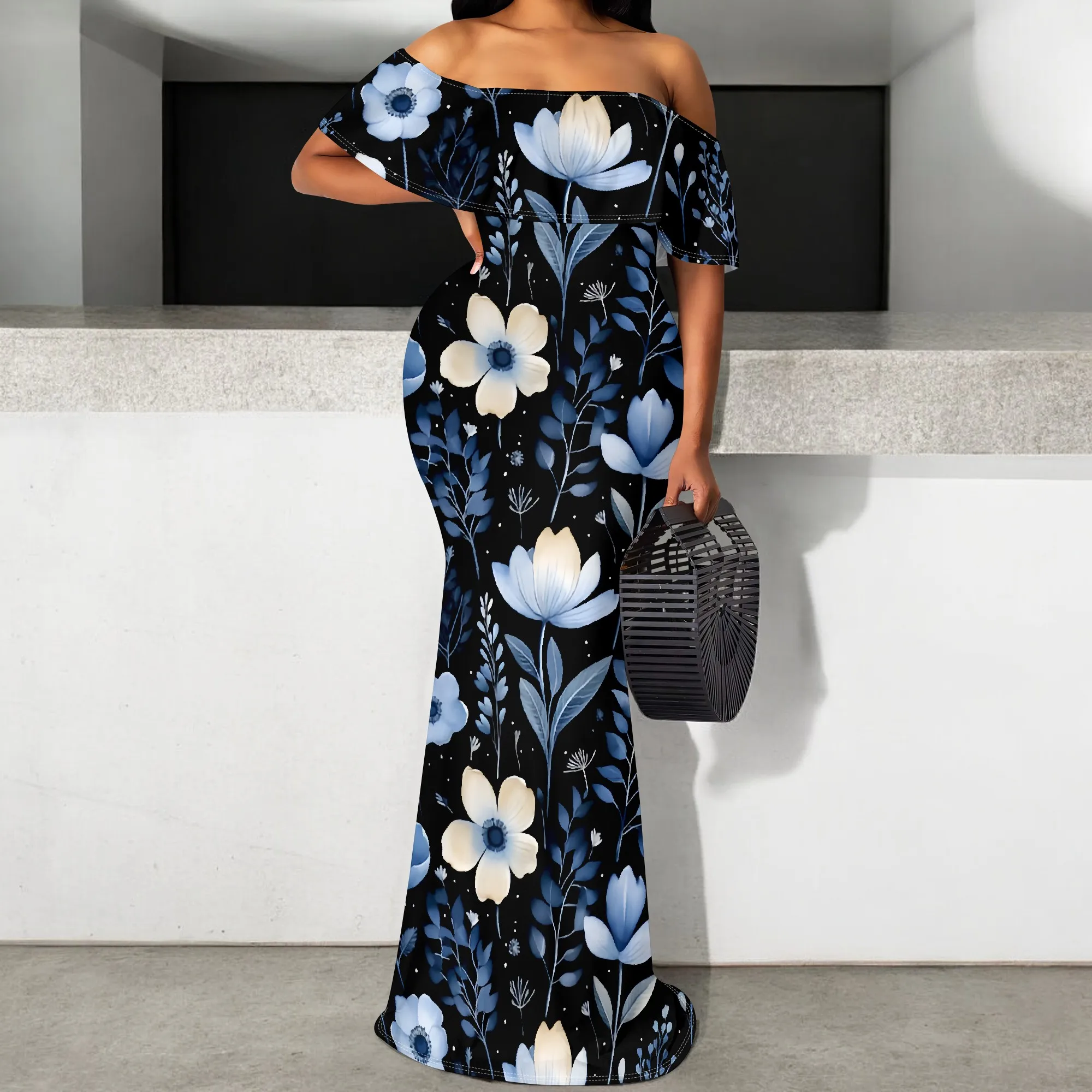 

Elegant Black Floral Maxi Dress S-3XL Off Shoulder Blue White Flowers for Summer Night Out