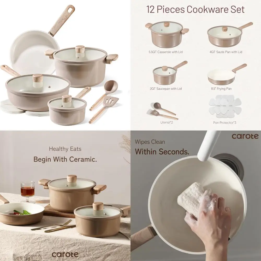 

carote 12pcs ceramic pots and pans set non stick, healthy cookware set, pfas/pfoa free, kitchen cooking set with frying pans, ta