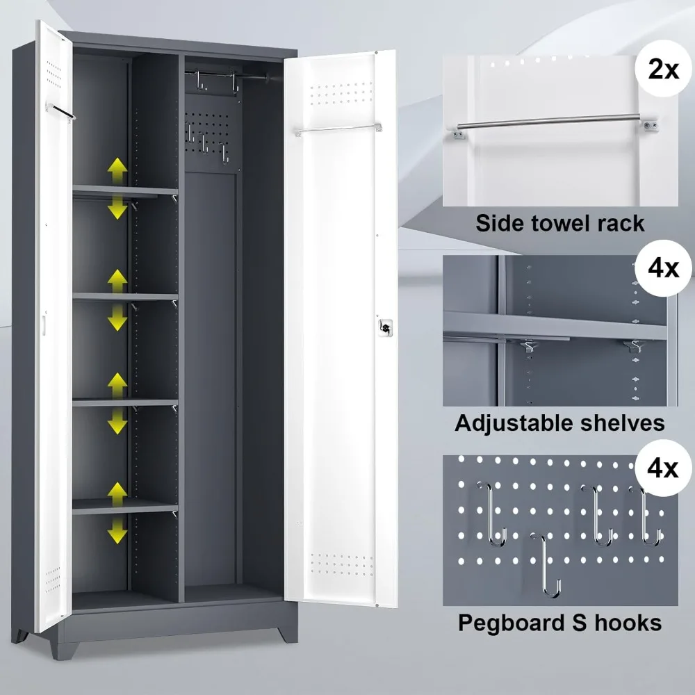 خزانة أدوات معدنية طويلة مع أرفف وقضيب تعليق وباب قفل لتخزين المكنسة #4