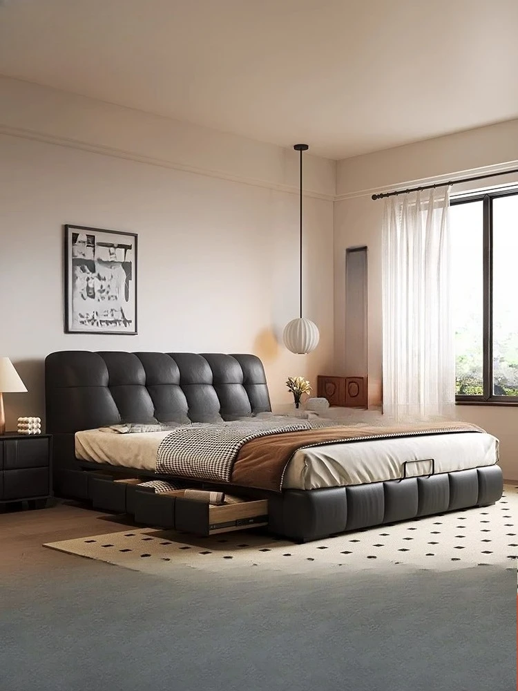 

Retro Cream Style Master Bedroom Double Bed Italian Minimalist Medieval Style Storage Leather Bed