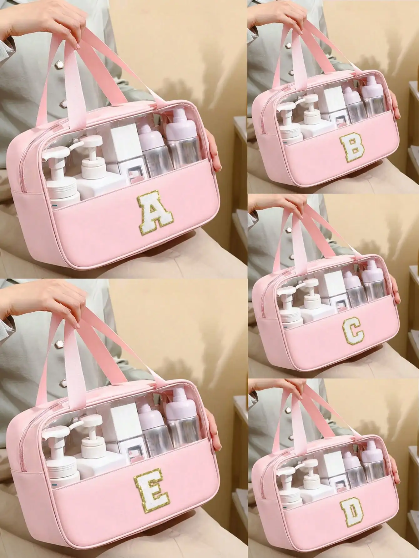 

1pc Transparent Letter Cosmetic Bag, Fashionable New Square Solid Color Makeup Bag With Embroidered Letter, PVC Waterproof Portable Chenille Letter Cosmetic Organizer Bag, Minimalist Initial Sticker Travel Toiletry Bag, Women's Bathroom Letter Print Toile