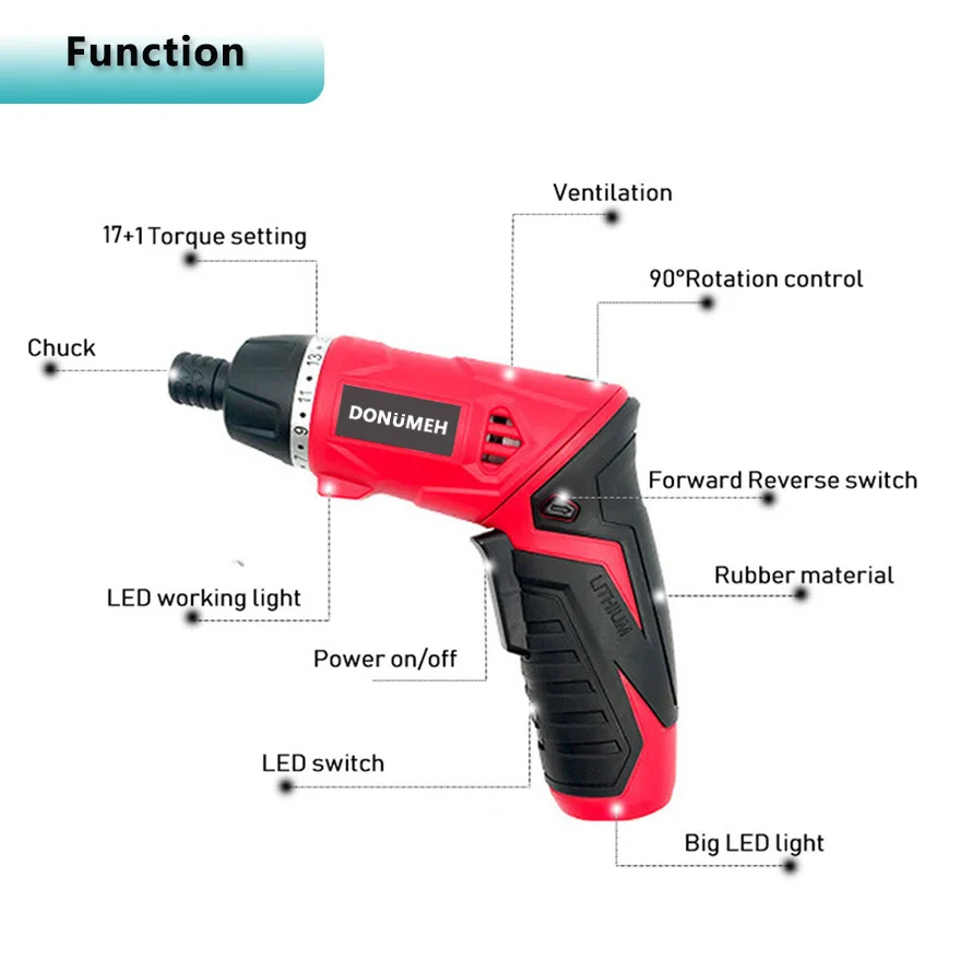 DONUMEH 3.6v Cordless Screwdriver Li-ion Battery Electric Screwdriver Power Drill Screwdriver For DIY Woodworking 19PCS Bits Set