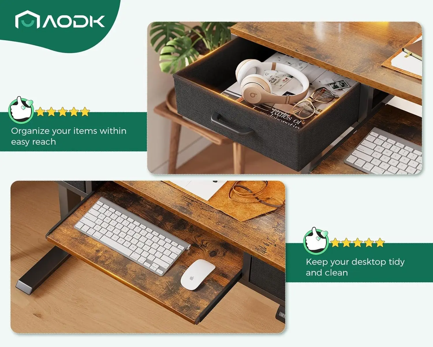 AODK-Secretária Elétrica em Pé com Gavetas, Mesa Pequena Ajustável, 47 "Altura, Bandeja Do Teclado, Tomadas De Energia, Luzes LED