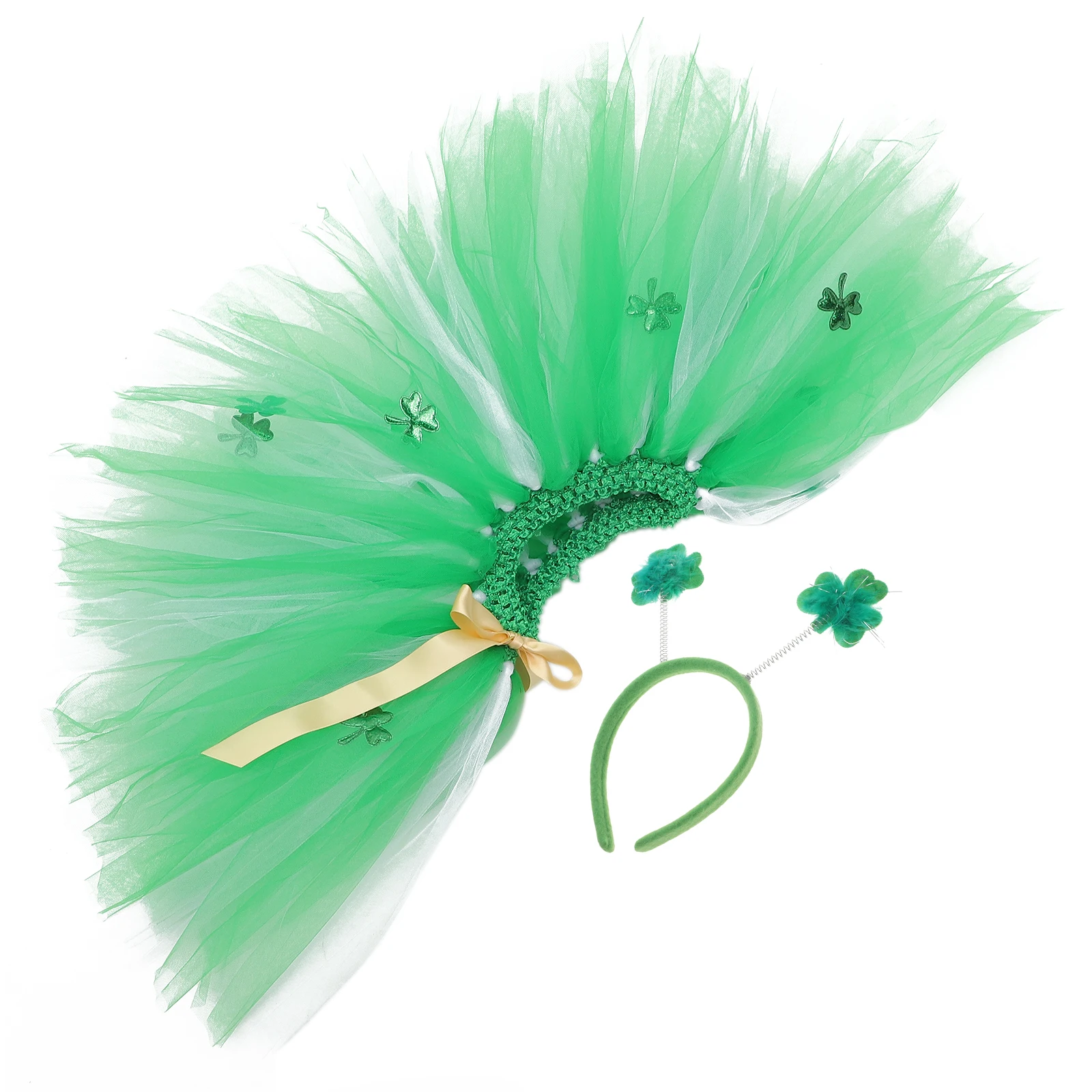 1 set Lucky Mesh Skirt for Kids Green Shamrock Headband Patricks Day Accessories Costume Party Prom Carnival Safe