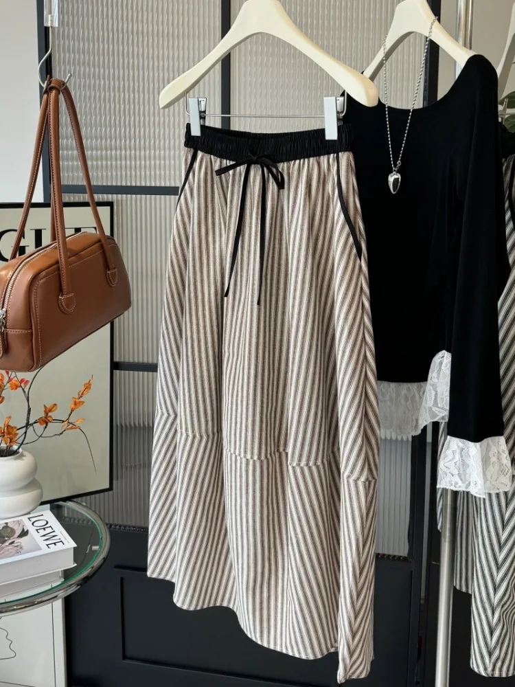 Japanese Vintage Harajuku Stripe Skirt Women Elastic High Waist A Line All-match Design Flower Bud Half-body Skirts Trendy New