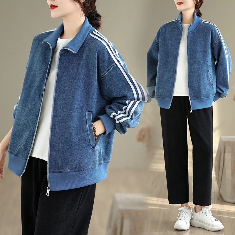 Chic coréen Sle ort Denim Jaet femmes couleur Pure fermeture éclair col montant t-shirt barres manteau trajet coton Polyester mélange