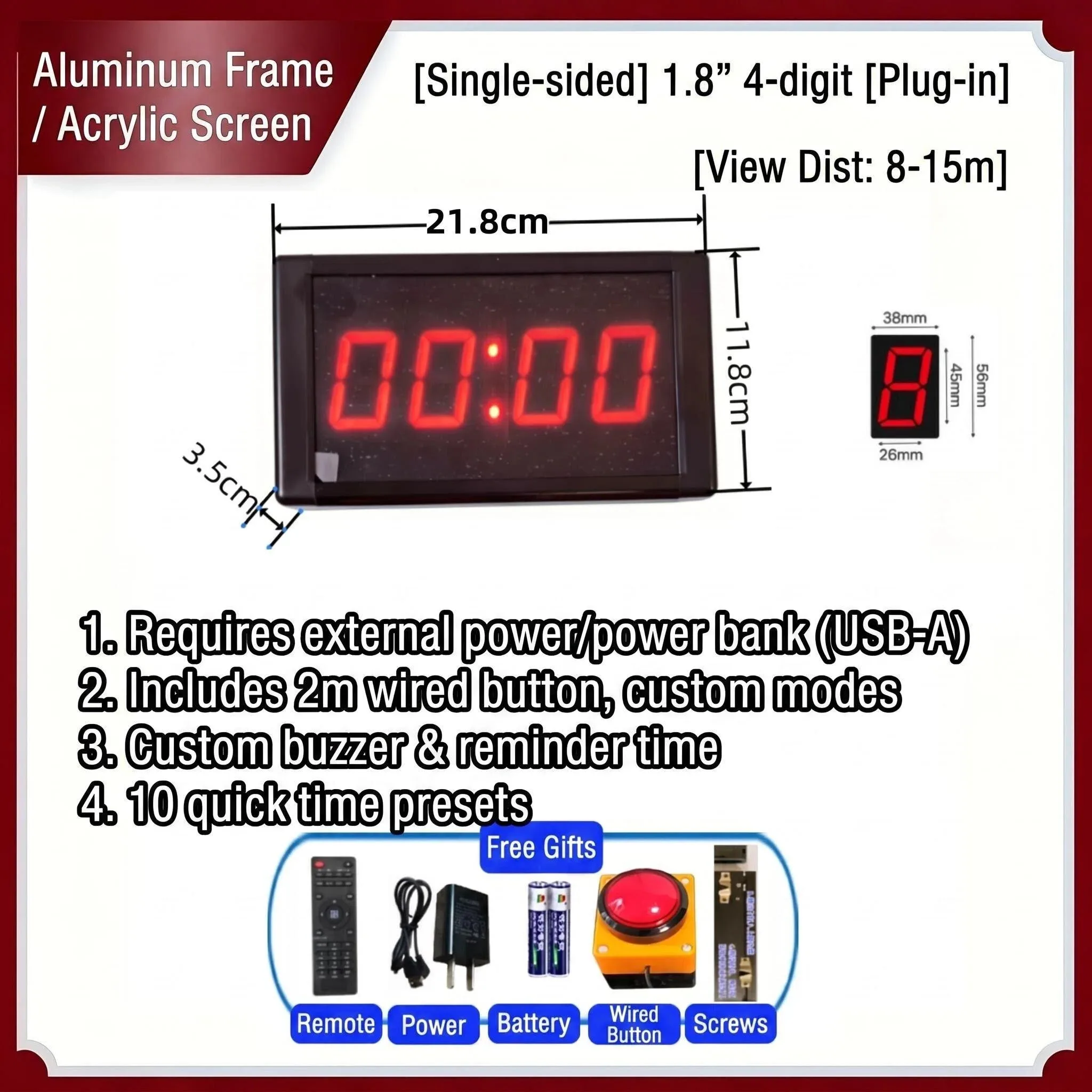 Large Button Large Screen Timer, Forward Timing, Countdown, Stopwatch, Clock, Remote Control Operation, Start, Pause, Reset, for