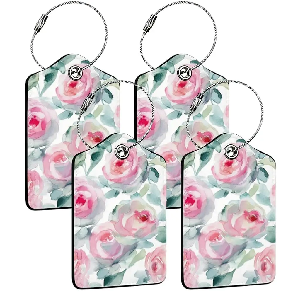 

Free Shipping4Pcs PU Leather Luggage Tags Watercolor Rose Luggage Indentifier Name ID Label Tag 2.8×4.5 Inch with Metal Loop for