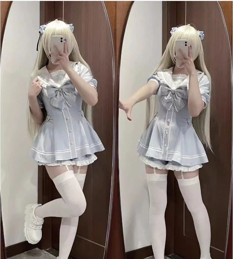 Conjunto de 2 piezas de vestido y pantalones cortos con cuello de marinero de manga larga producidos en masa para mujer de estilo japonés Mine 2025