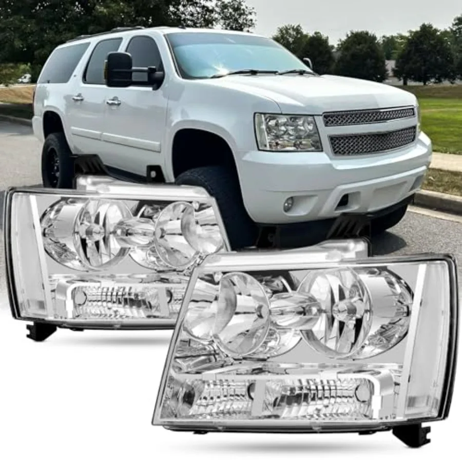 

Headlight Assembly for 2007-2014 Chevy Tahoe Avalanche Suburban 1500 2500 Replacement Head Lamp Set with Chrome Housing Clear R