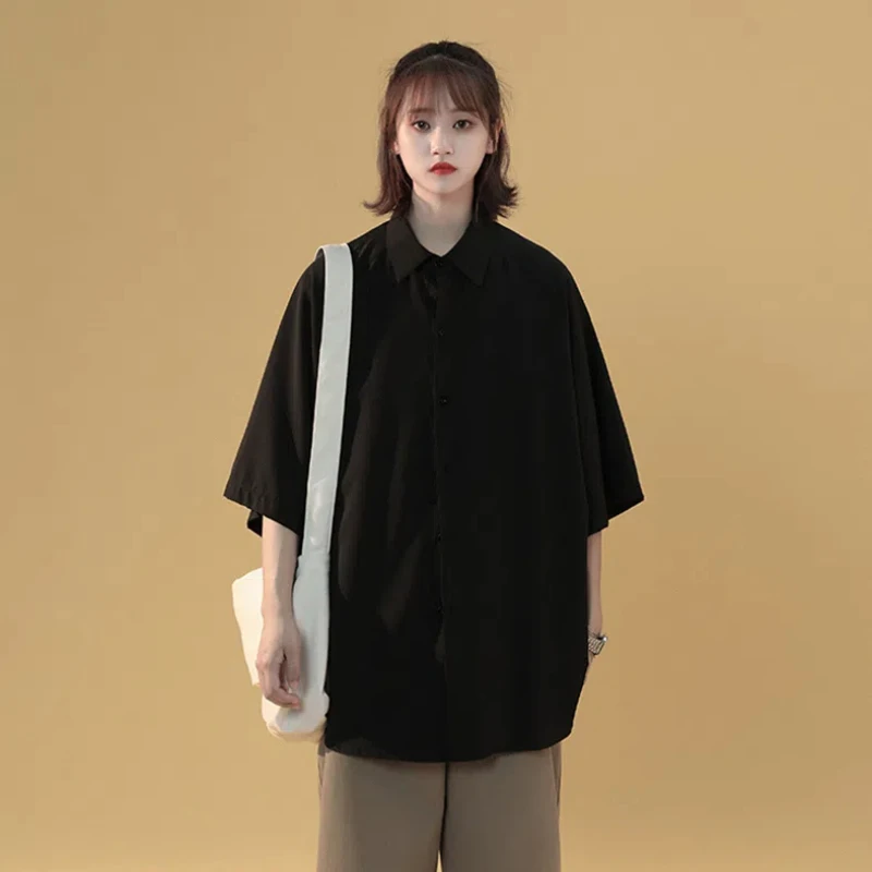 Summer New Short Sleeve Black Loose Blouse Polo Neck Solid Color Simplicity Street Casual Shirt Tops Vintage Trend Women Clothes