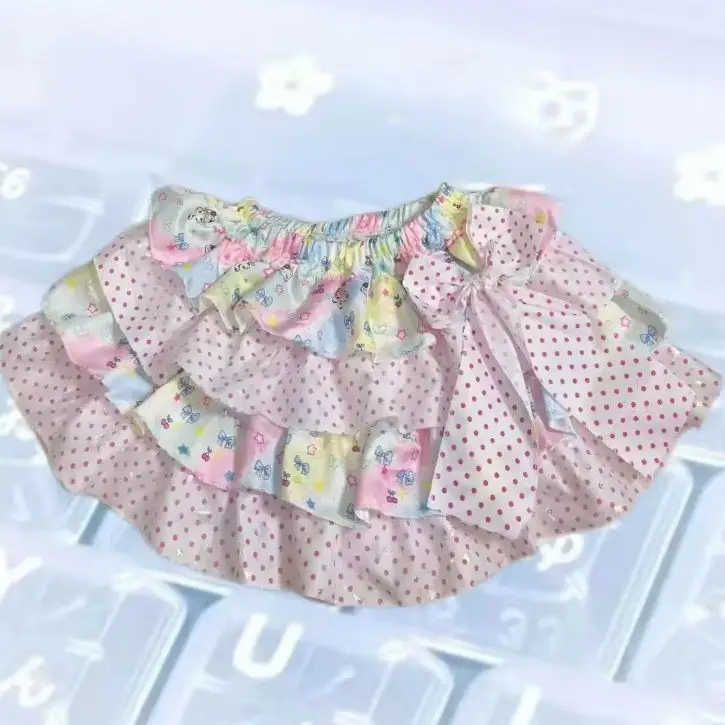 Japanese Cute Lolita Short Skirt Women Polka Dot Puffy Cake Skirt Y2K Bow Detail Colorful Splicing Kawaii Daily Mini Bottoms