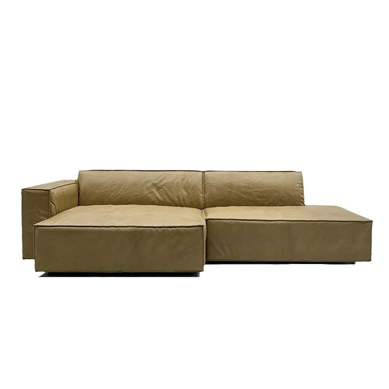 أريكة خبز التوفو المصنوعة من جلد البقر بالكامل من شمع الزيت، مجموعة وحدة بسيطة من تصميم المشاهير على الإنترنت لغرفة المعيشة أريكة من القماش غير اللامع #5