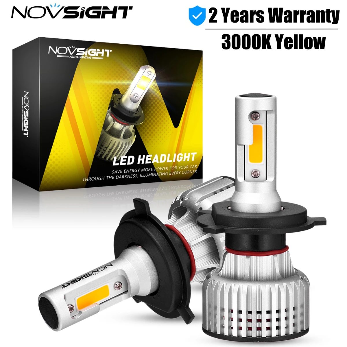 NOVSIGHT H4 LED Headlights H1 H3 H7 H11 H8 H9 H13 9005 9006 9007 3000K Yellow 72W 10000LM Fog Light Car Headlight Bulbs